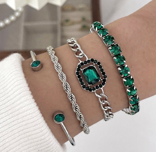 Silver Emerald Bangles Set