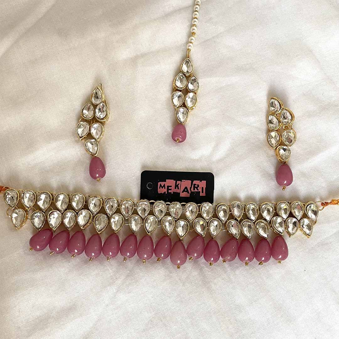 Double Layer Kundan Set ( Tea Pink Droplets)