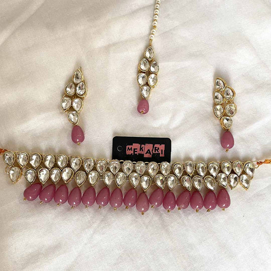 Double Layer Kundan Set ( Tea Pink Droplets)