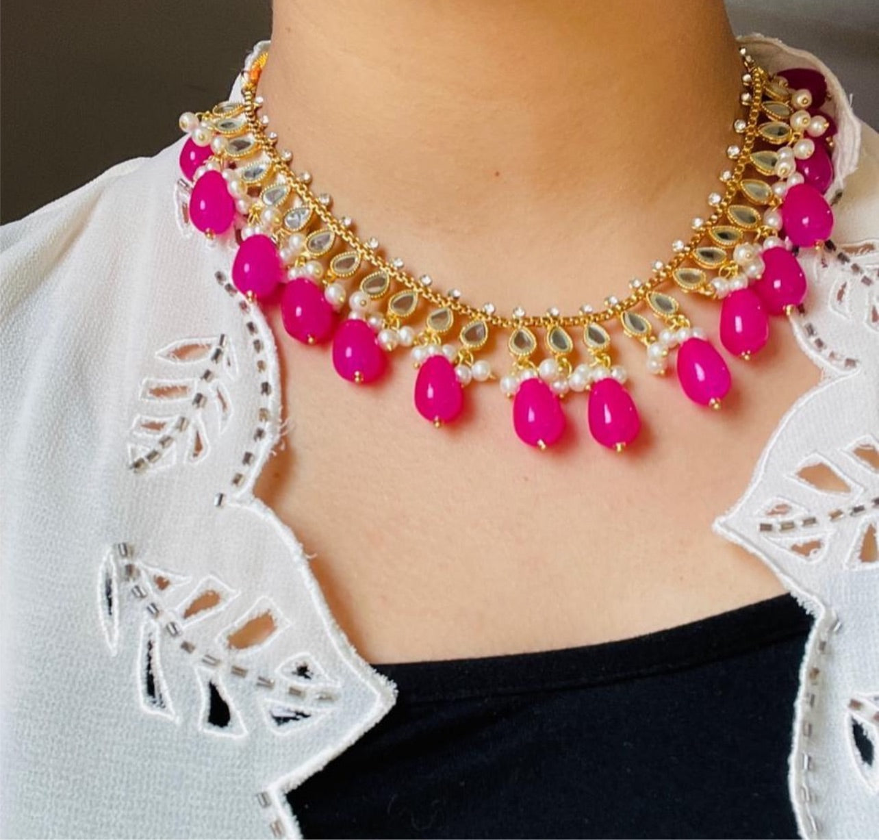 HOT PINK MIRROR KUNDAN SET