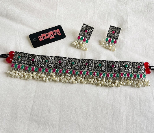 Oxidised Square Block Choker Set