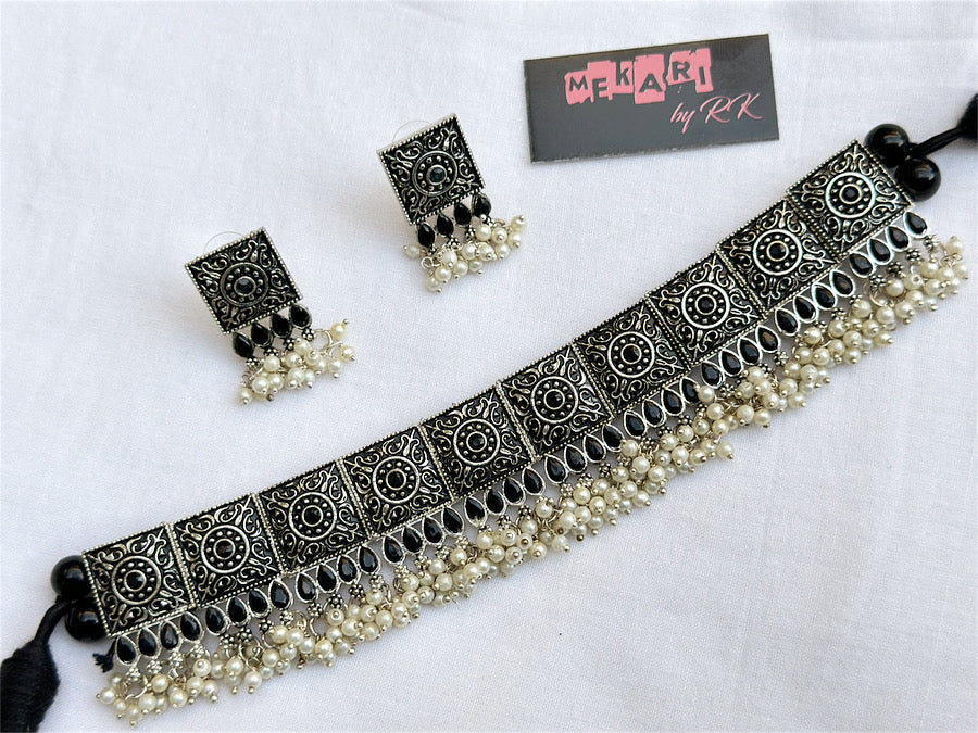 Oxidised Square Block Choker Set