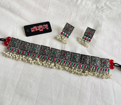 Oxidised Square Block Choker Set